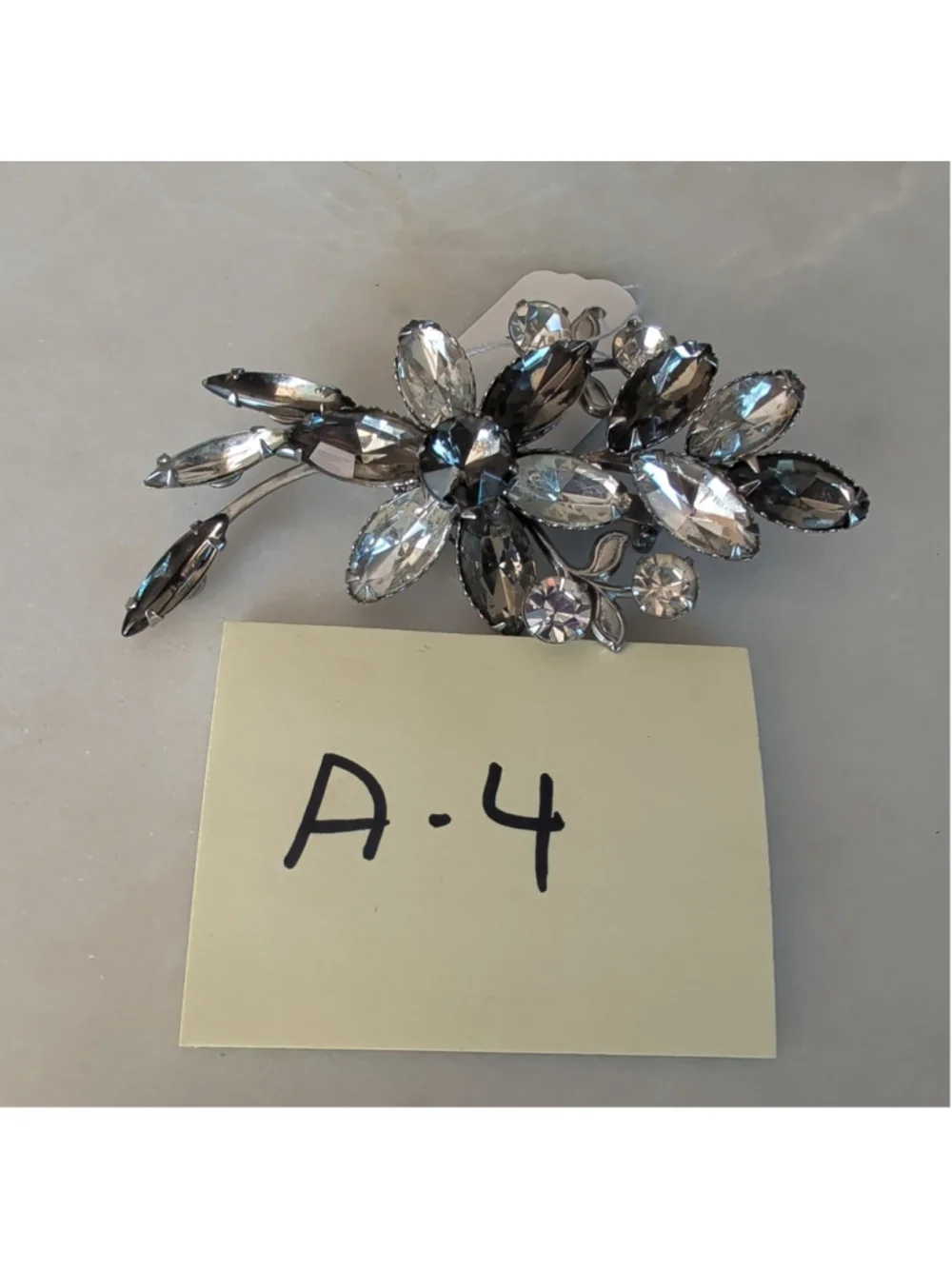 Vtg Smoky Marquise Flower Rhinestone Floral Brooch Pin Clear Glass Rivet Prong